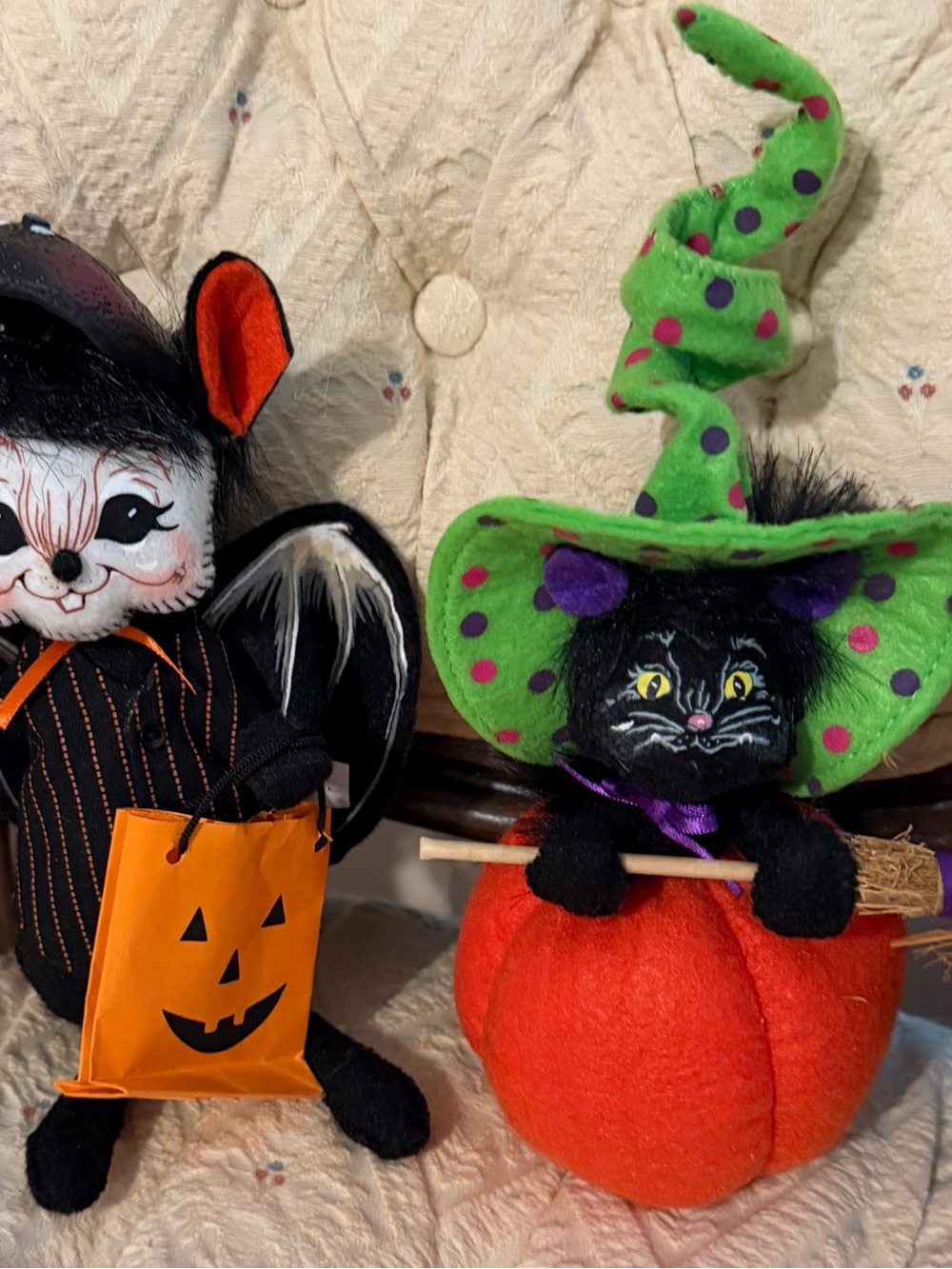 Two Annalee Plushies! Cute Halloween Black Cat w/Broom and Mouse In Bat Costume